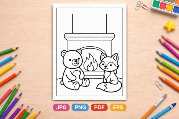 Cute Bear and Fox by Fireplace Coloring: A Practical Resource for Educators and Content Creators