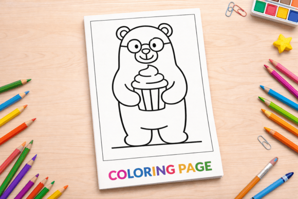 Cute Bear Holding Cupcake Coloring Page