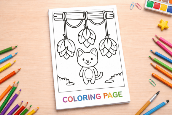 Cute Cat Under Hanging Leaves Coloring: A Versatile Resource for Creative Learning and Design