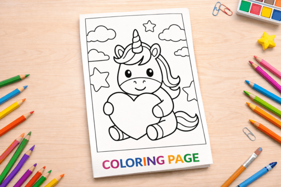Cute Unicorn Holding Heart Coloring Page