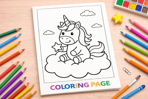 Cute Unicorn Sitting on Cloud Coloring